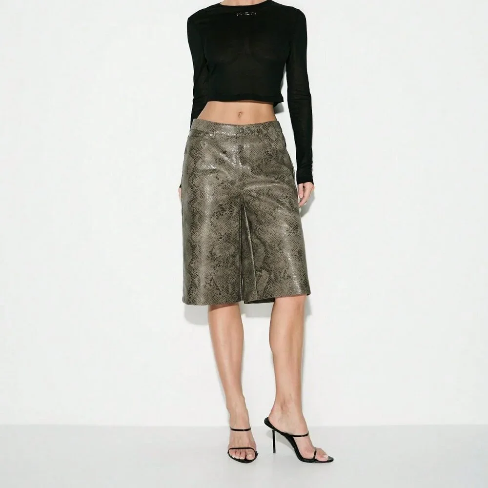 Brown Casual Women's Faux Leather Snake Print Bermuda Shorts